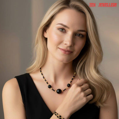 The necklace measures approximately 66 cm or 26 inches in length and is designed to sit elegantly around the neckline. The bracelet measures approximately 20 cm or 7.9 inches and includes an adjustable extension chain for enhanced comfort. Displaying the jewellery fully extended allows buyers to visualize scale and understand how the pieces will fit when worn.