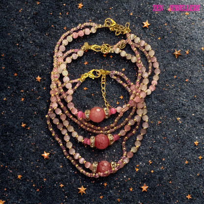 A detailed close up reveals the texture and finish of the rose crystal beads, showing their translucent appearance and subtle natural colour variations. Tiny seed beads in pink, white, and gold are carefully arranged into repeating patterns across the secondary strands. The central faceted crystal bead is framed by silver tone rhinestone rings that provide a glamorous finishing touch. The adjustable bracelet design ensures flexibility for differe
