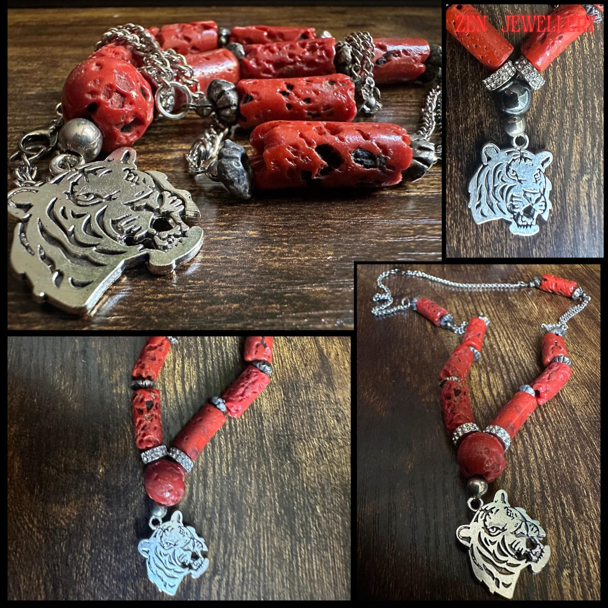 Full necklace display featuring silver chain extensions connected to chunky coral beads and decorative rhinestone rings. The silver tiger pendant hangs below a glossy black bead accent adding contrast and strong symbolic energy. The red coral necklace is photographed on wooden background to emphasise the warm tones and handcrafted quality.