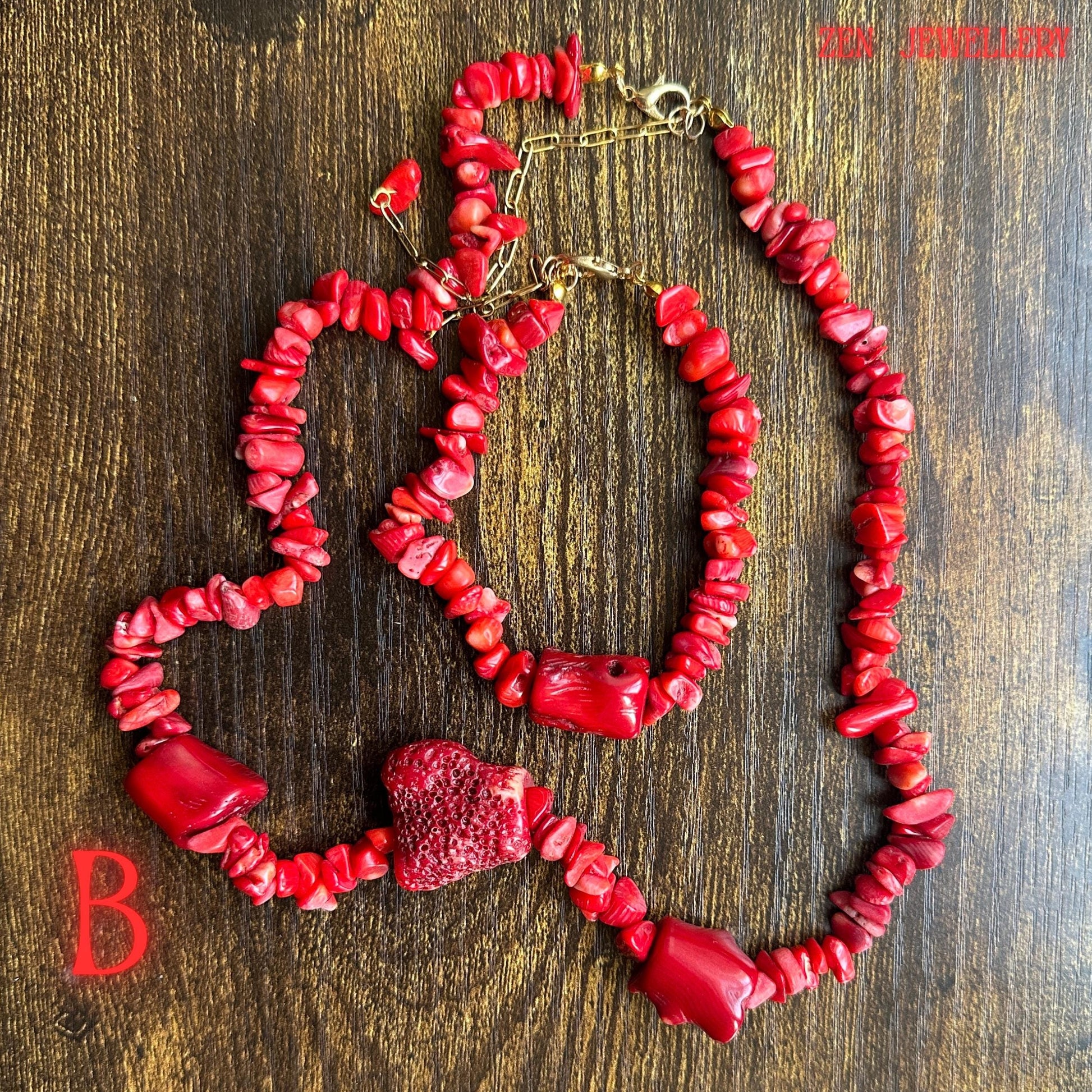 Detailed close-up of the gold-tone clasp and chain sections attached to the coral chip necklace showing polished metallic finishes and secure handmade assembly. The jewellery set combines natural organic bead textures with elegant gold details for a sophisticated boho-inspired look.