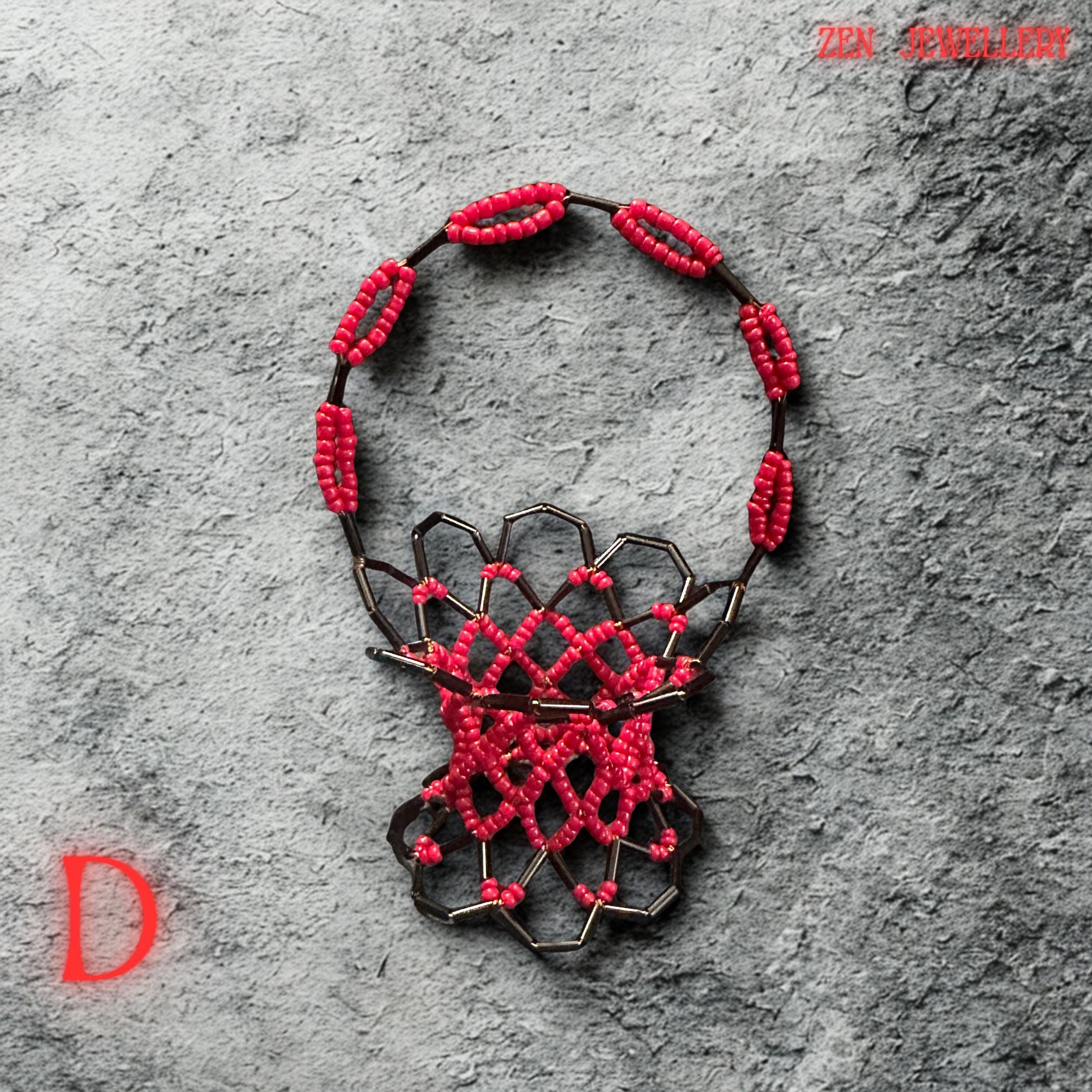 The image captures the mini decorative basket standing upright, showing its detailed wire structure beneath the beadwork.