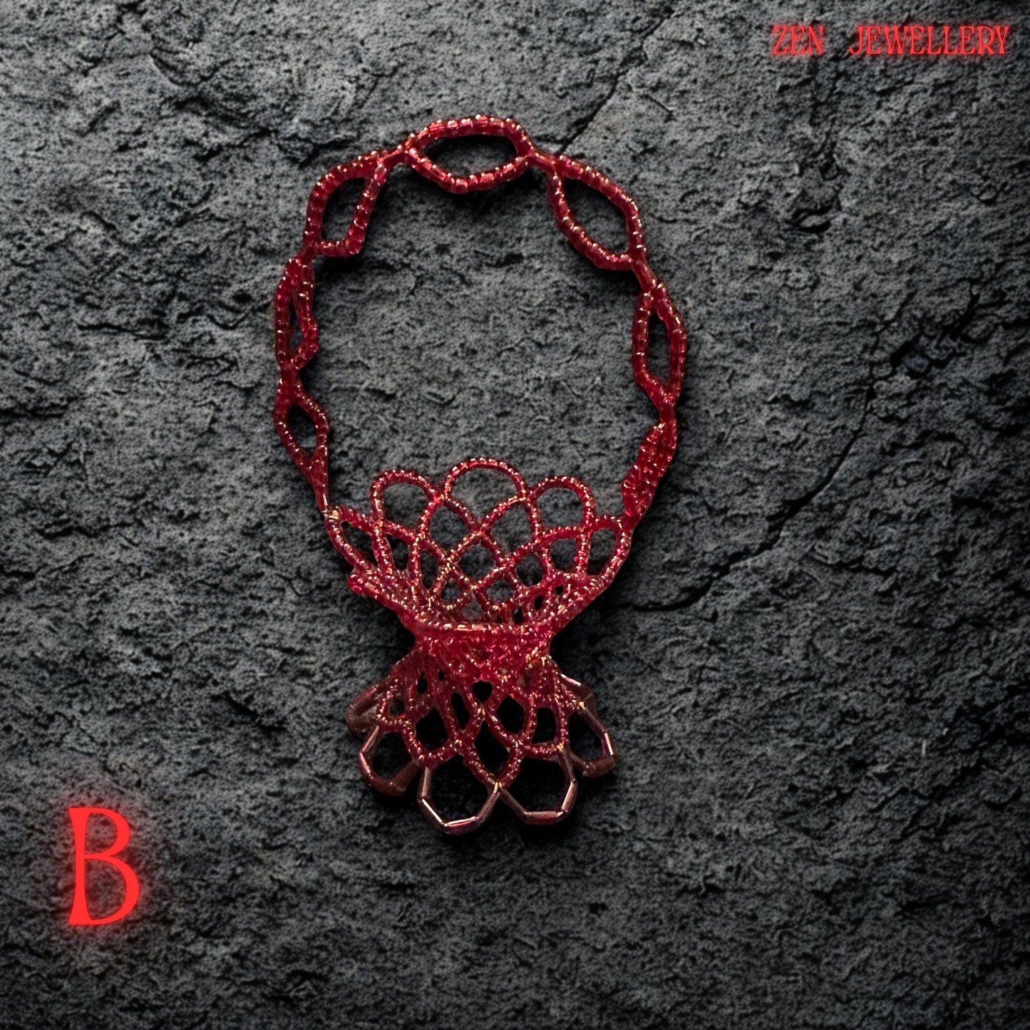 The photo displays an artisan basket featuring tightly woven red beads and a sturdy wire base.