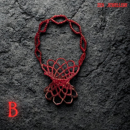 The photo displays an artisan basket featuring tightly woven red beads and a sturdy wire base.