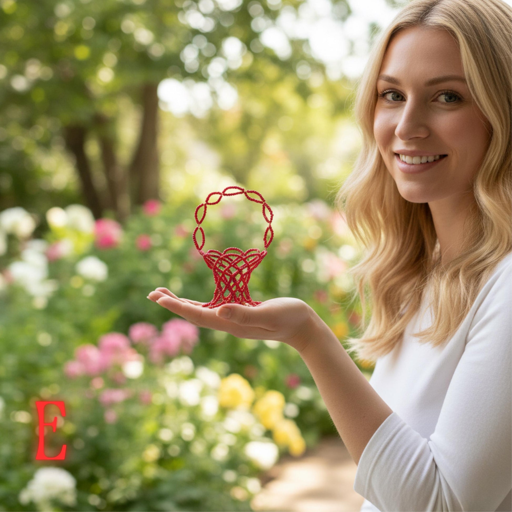 This picture displays the basket used as a small jewellery holder, showcasing its delicate bead-and-wire craftsmanship.