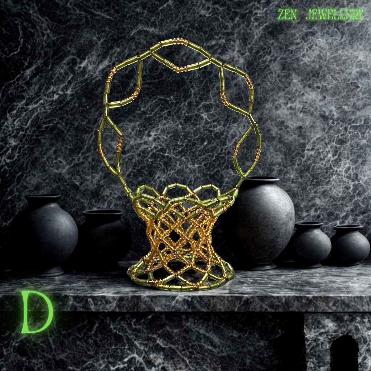 Top view of a green Miyuki bead basket highlighting the tight weaving and shimmering glass beads.