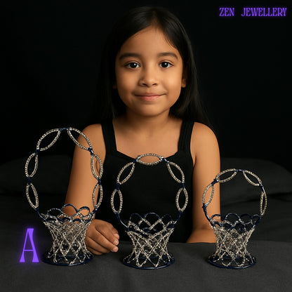 Front picture with a handmade purple and champagne beaded basket showcasing sturdy, refined craftsmanship.
