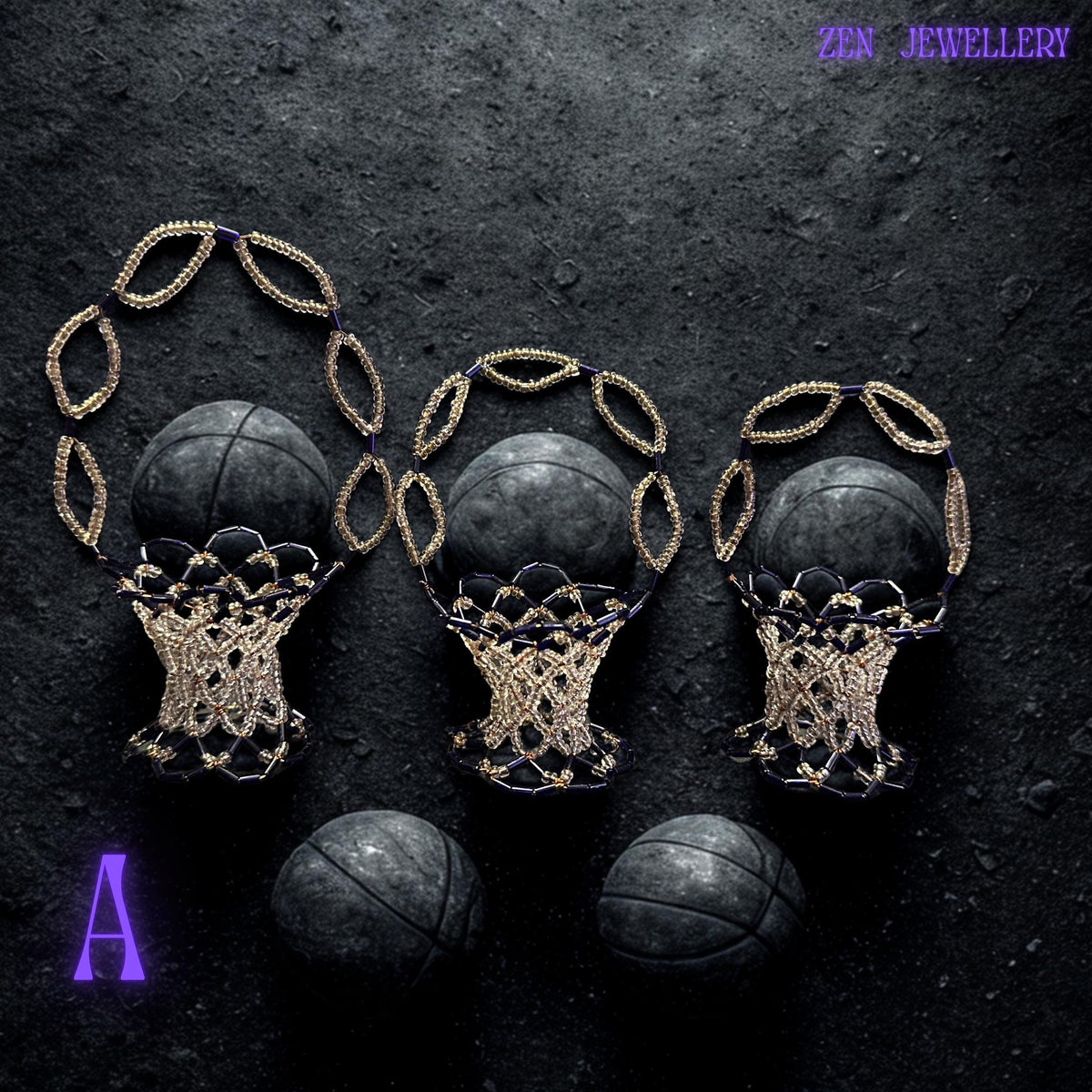 Top view of a purple and champagne bead basket highlighting uniform bead size and shiny texture.