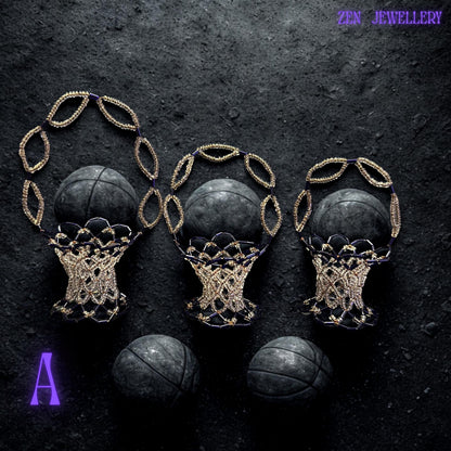Top view of a purple and champagne bead basket highlighting uniform bead size and shiny texture.