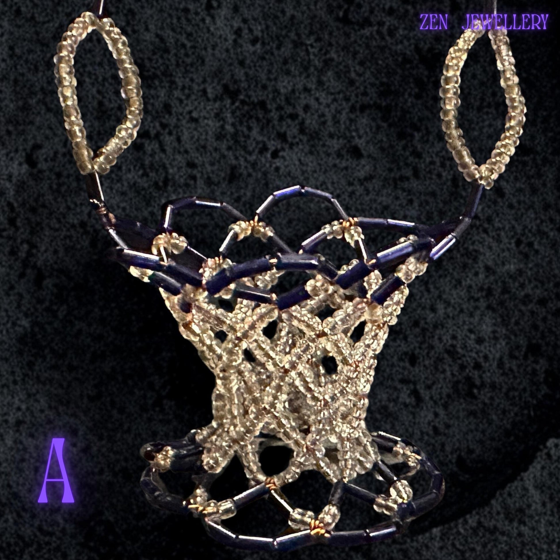 Small decorative basket made from premium purple and champagne Miyuki seed beads in matched combinations