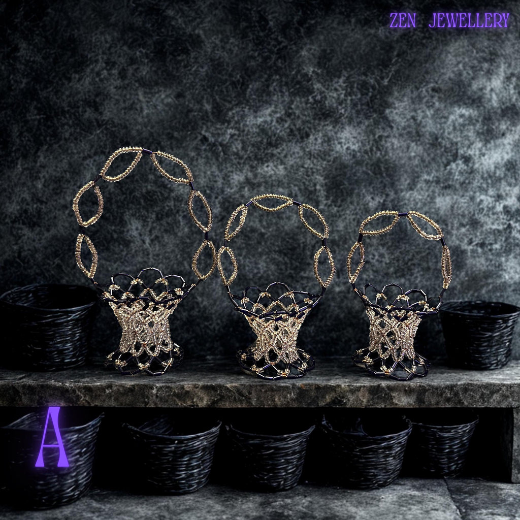 Decorative basket featuring purple and champagne glass beads woven in coordinated, pastel-inspired colour combinations