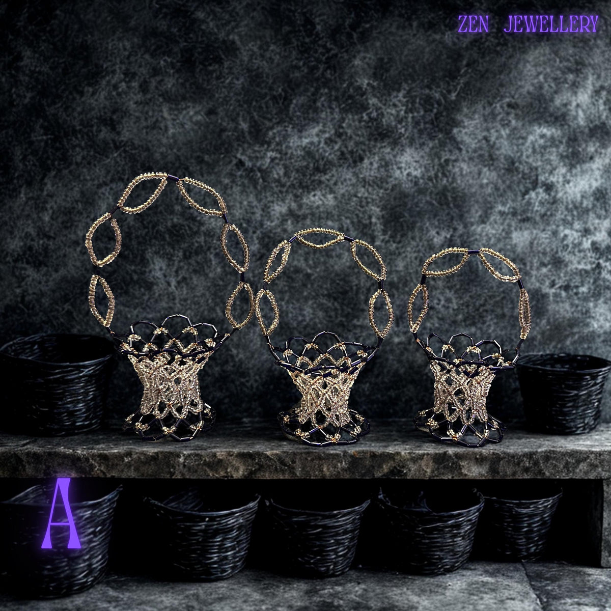 Decorative basket featuring purple and champagne glass beads woven in coordinated, pastel-inspired colour combinations