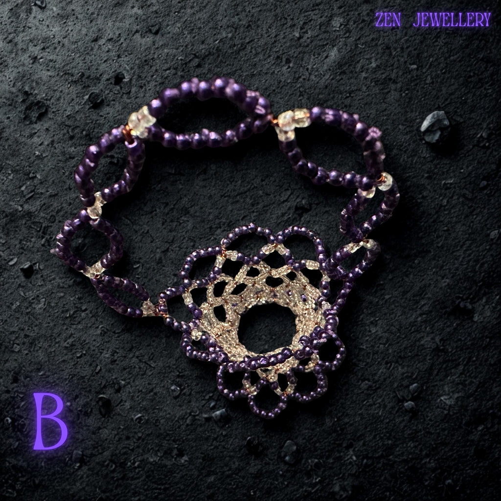 Top-down view of a handmade decorative basket with shimmering purple and champagne Miyuki beads.