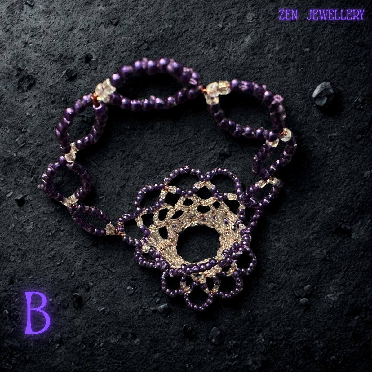 Top-down view of a handmade decorative basket with shimmering purple and champagne Miyuki beads.