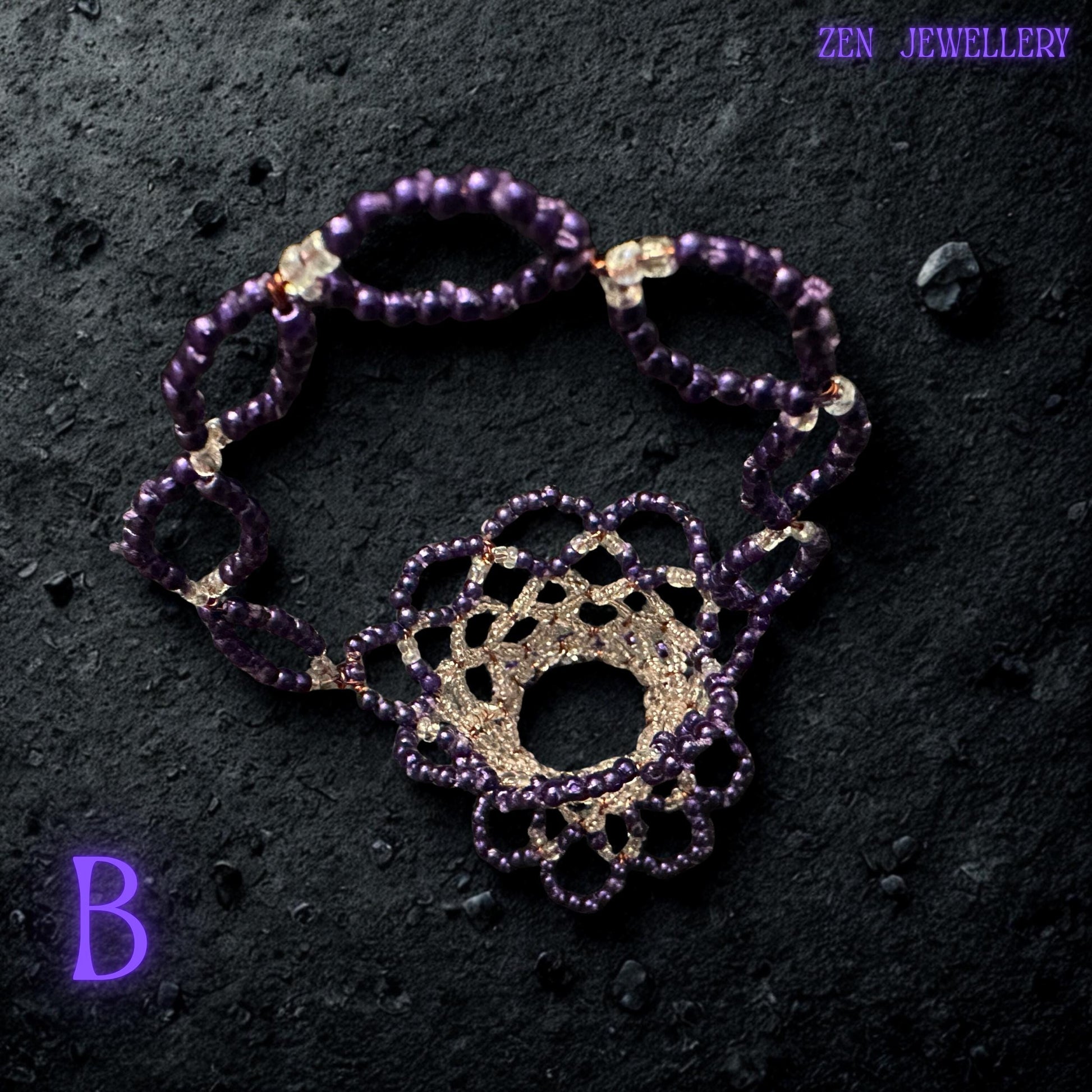 Top-down view of a handmade decorative basket with shimmering purple and champagne Miyuki beads.