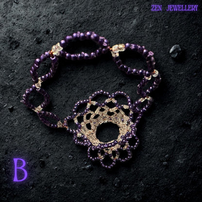 Top-down view of a handmade decorative basket with shimmering purple and champagne Miyuki beads.