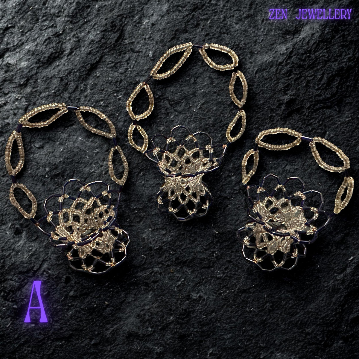 Handcrafted decorative bowl with glossy purple and champagne beads arranged in a smooth, artistic pattern