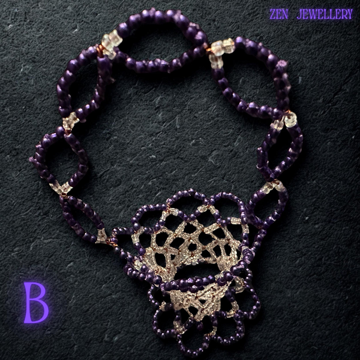 Unique handmade basket made with pastel purple and champagne Miyuki beads showcasing fine bead craftsmanship