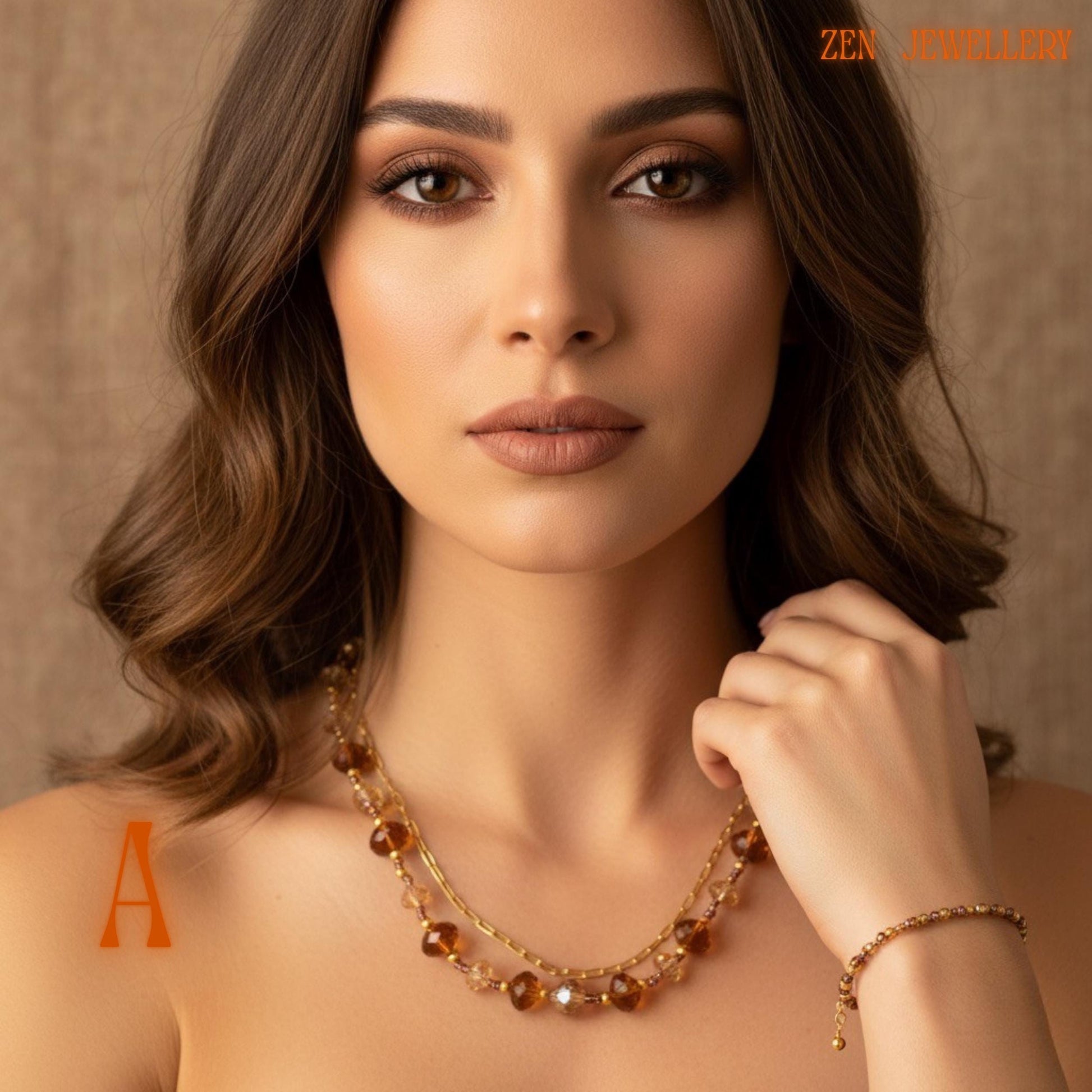 Side angle view of handcrafted Austrian crystal jewellery set showing sparkling champagne crystal beads, bronze tones, and elegant gold clasp details. The faceted beads create reflective shine and soft texture while the gold chain sections add delicate movement and lightweight comfort. The matching bracelet completes the elegant layered jewellery design.