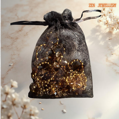 Handcrafted jewellery set combining brown and champagne Austrian crystals with polished gold beads for radiant sparkle in a gift bag from Zen Jewellery
