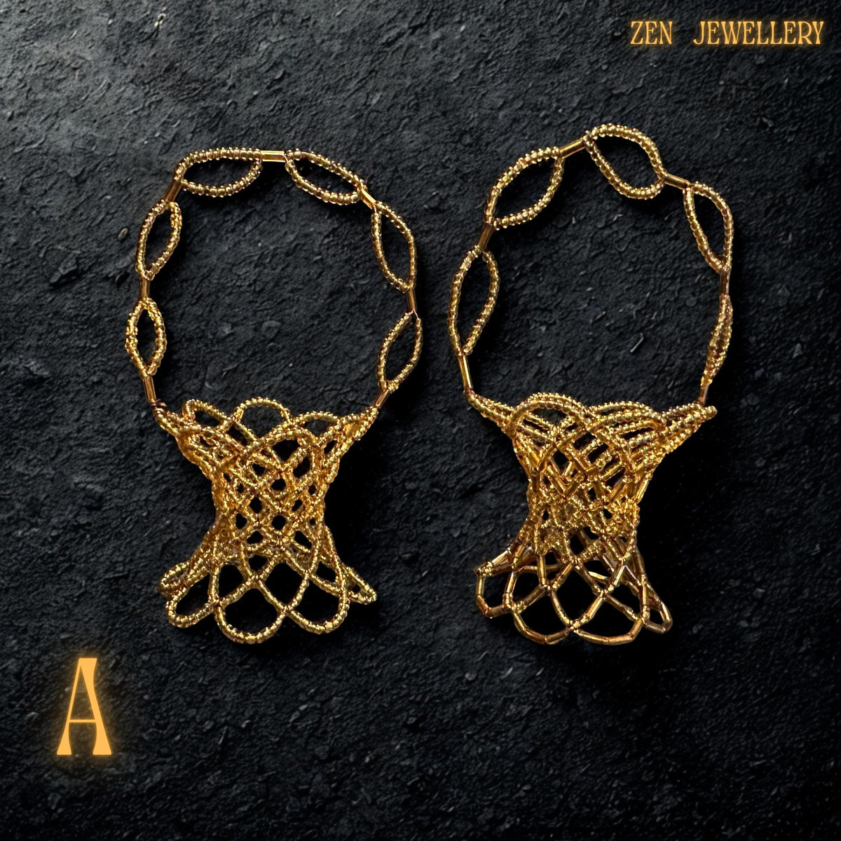 Golden Miyuki beaded baskets displayed as an elegant jewellery on a vanity surface