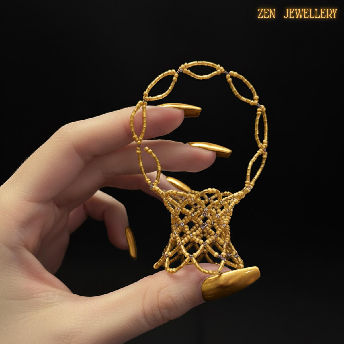 Golden glass beads woven into a sturdy, elegant mini basket for decorative use.