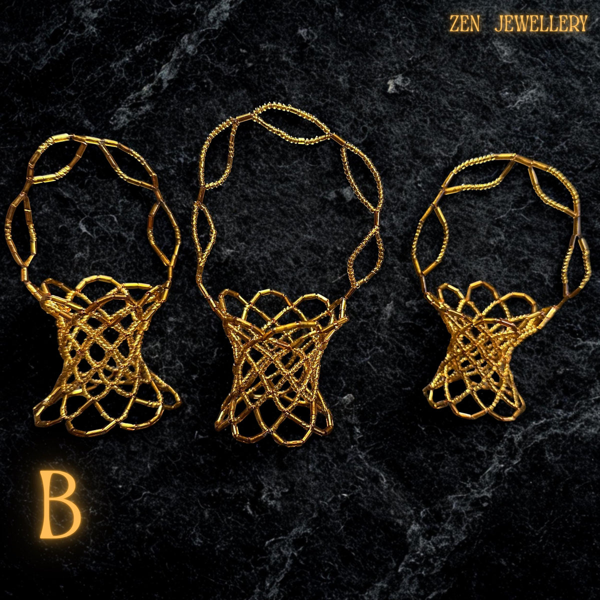 Small gold bead baskets styled as minimalist home décor with intricate craftsmanship.