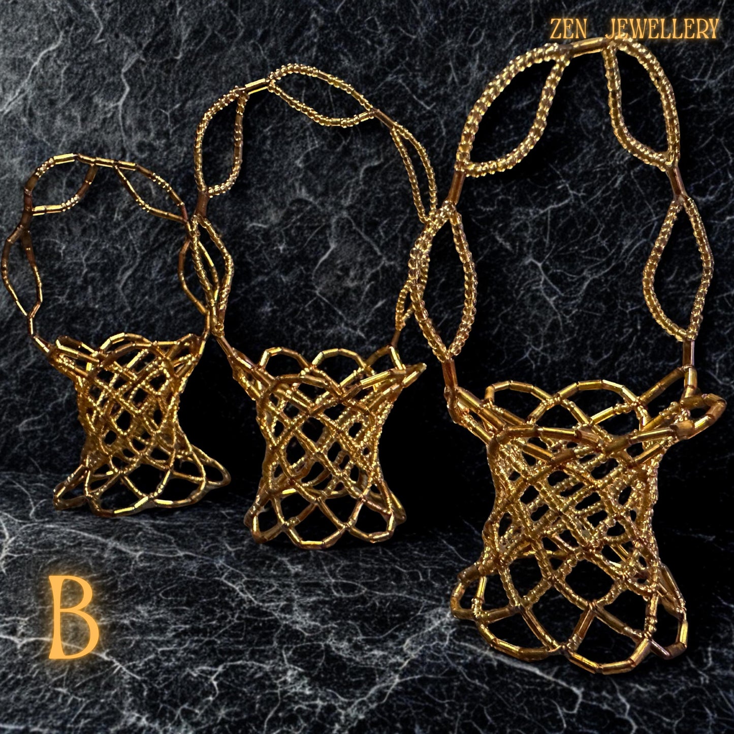 A detailed close-up showing the smooth finish of the gold Miyuki beads and fine weaving.