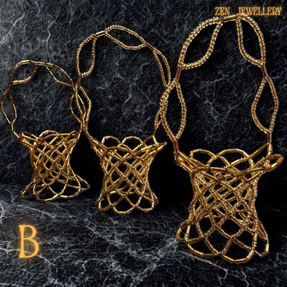 A detailed close-up showing the smooth finish of the gold Miyuki beads and fine weaving.