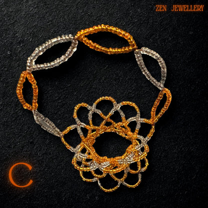 Side view highlighting the glossy finish and intricate structure of the orange and white beadwork basket.
