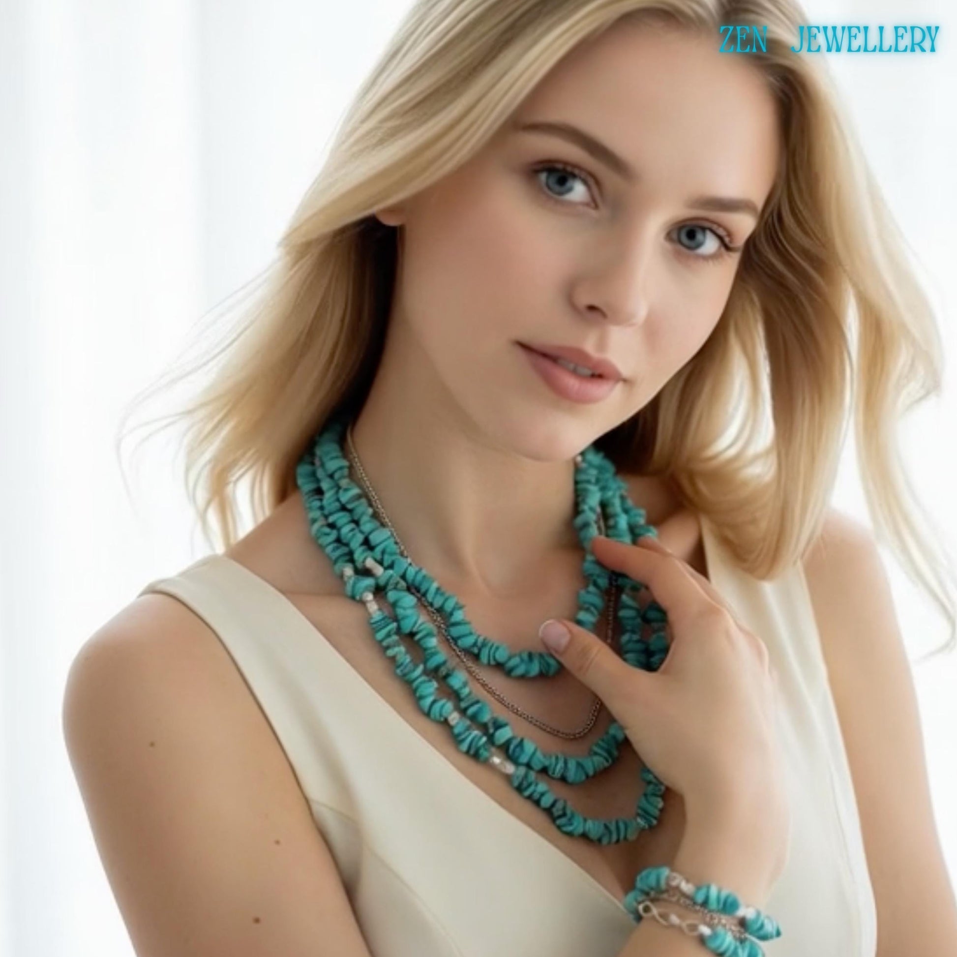 Turquoise chip necklace and bracelet set on the model, showing three necklace strands and one bracelet, as a gift for women.