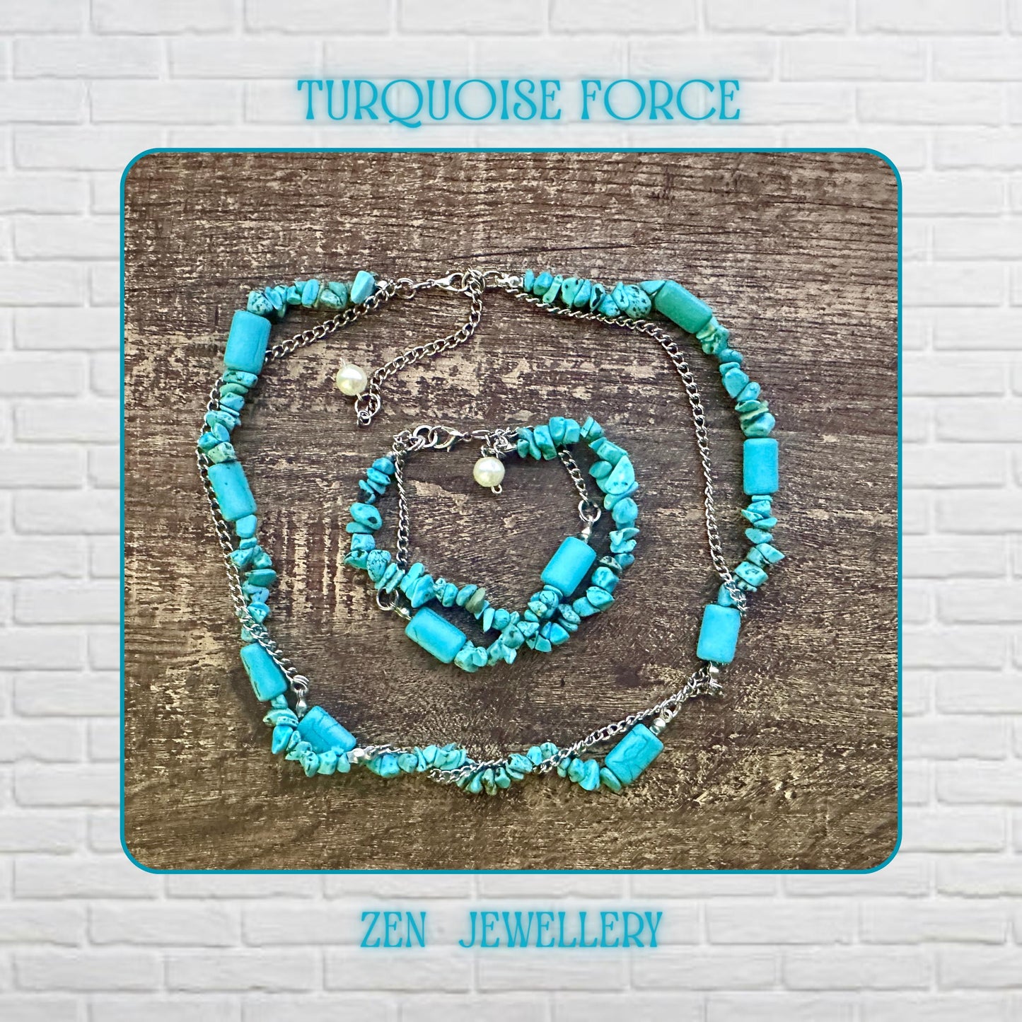Close up of the turquoise chips necklace showing uneven natural stone fragments mixed with smooth rectangular turquoise beads, connected by delicate sterling silver chain, emphasizing contrast between organic shapes and polished metal elements.