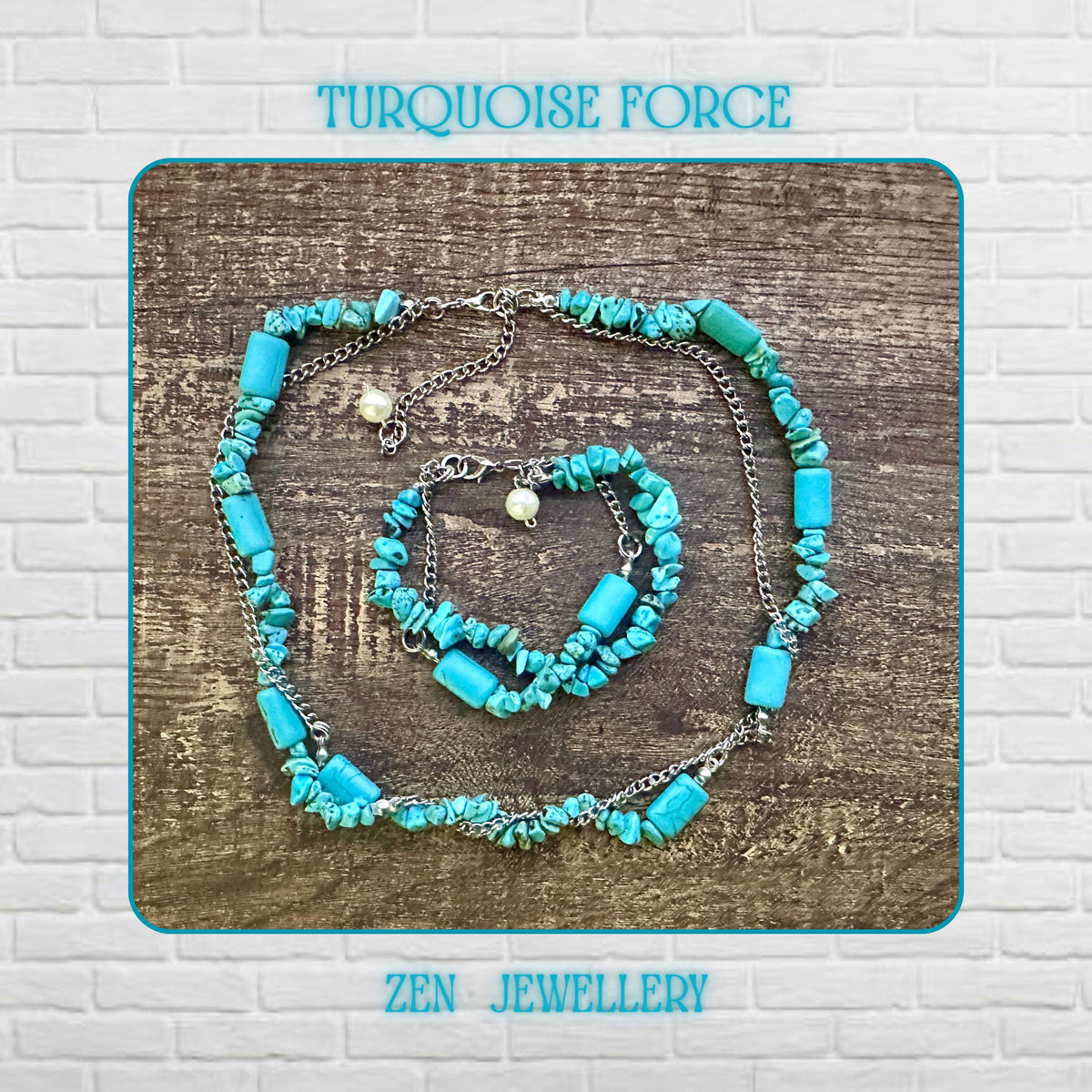 Close up of the turquoise chips necklace showing uneven natural stone fragments mixed with smooth rectangular turquoise beads, connected by delicate sterling silver chain, emphasizing contrast between organic shapes and polished metal elements.
