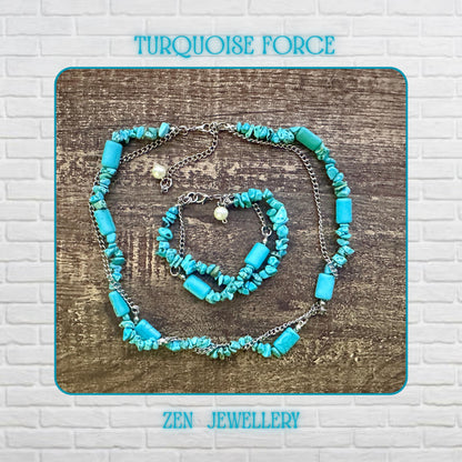 Close up of the turquoise chips necklace showing uneven natural stone fragments mixed with smooth rectangular turquoise beads, connected by delicate sterling silver chain, emphasizing contrast between organic shapes and polished metal elements.