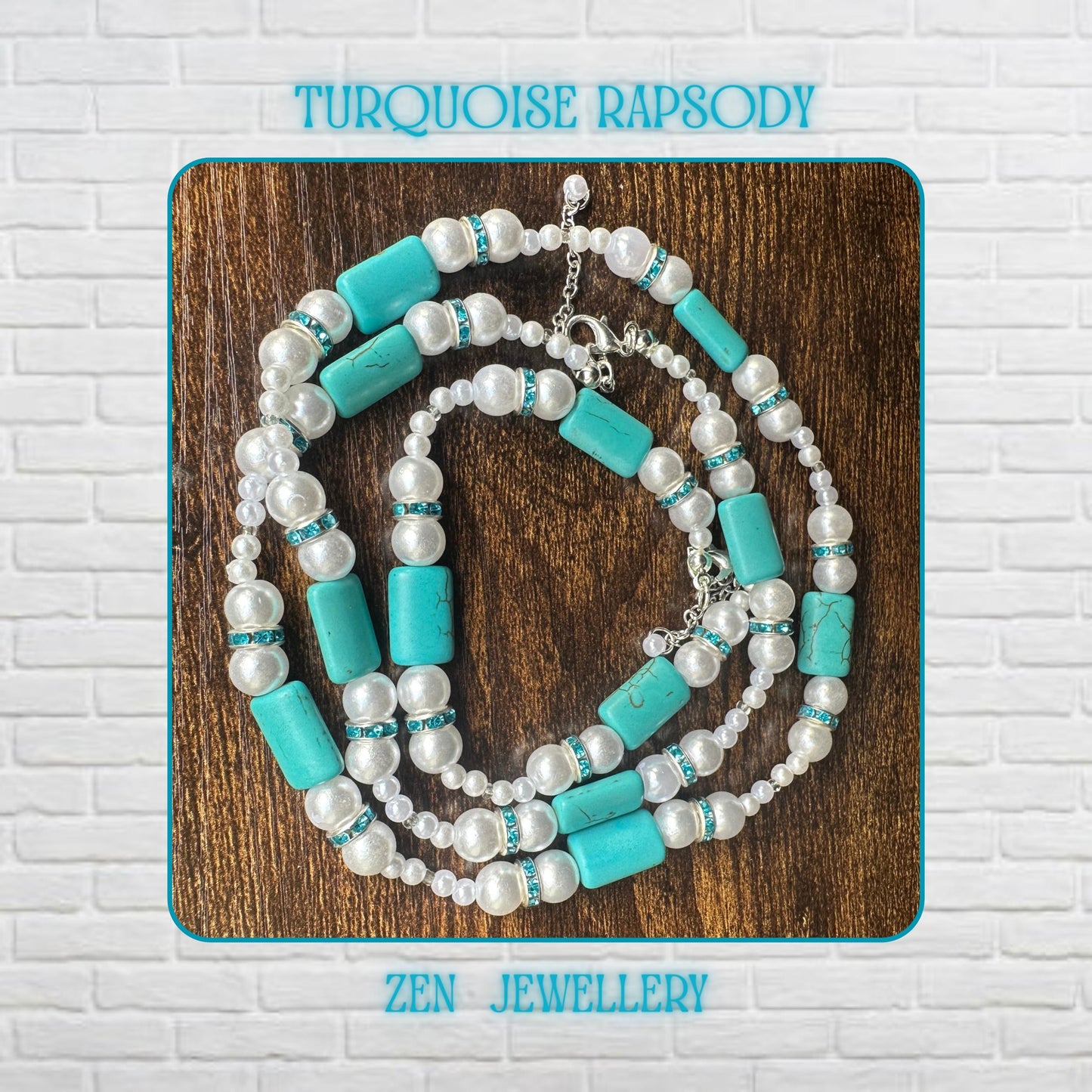 The turquoise pearl necklace and bracelet set is shown from a top angle on a natural wood surface highlighting turquoise stones, white pearls, blue crystal rhinestones, and sterling silver clasp closures with balanced spacing between beads and smooth polished texture that reflects light and enhances the handmade craftsmanship and elegant design.