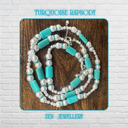 The turquoise pearl necklace and bracelet set is shown from a top angle on a natural wood surface highlighting turquoise stones, white pearls, blue crystal rhinestones, and sterling silver clasp closures with balanced spacing between beads and smooth polished texture that reflects light and enhances the handmade craftsmanship and elegant design.