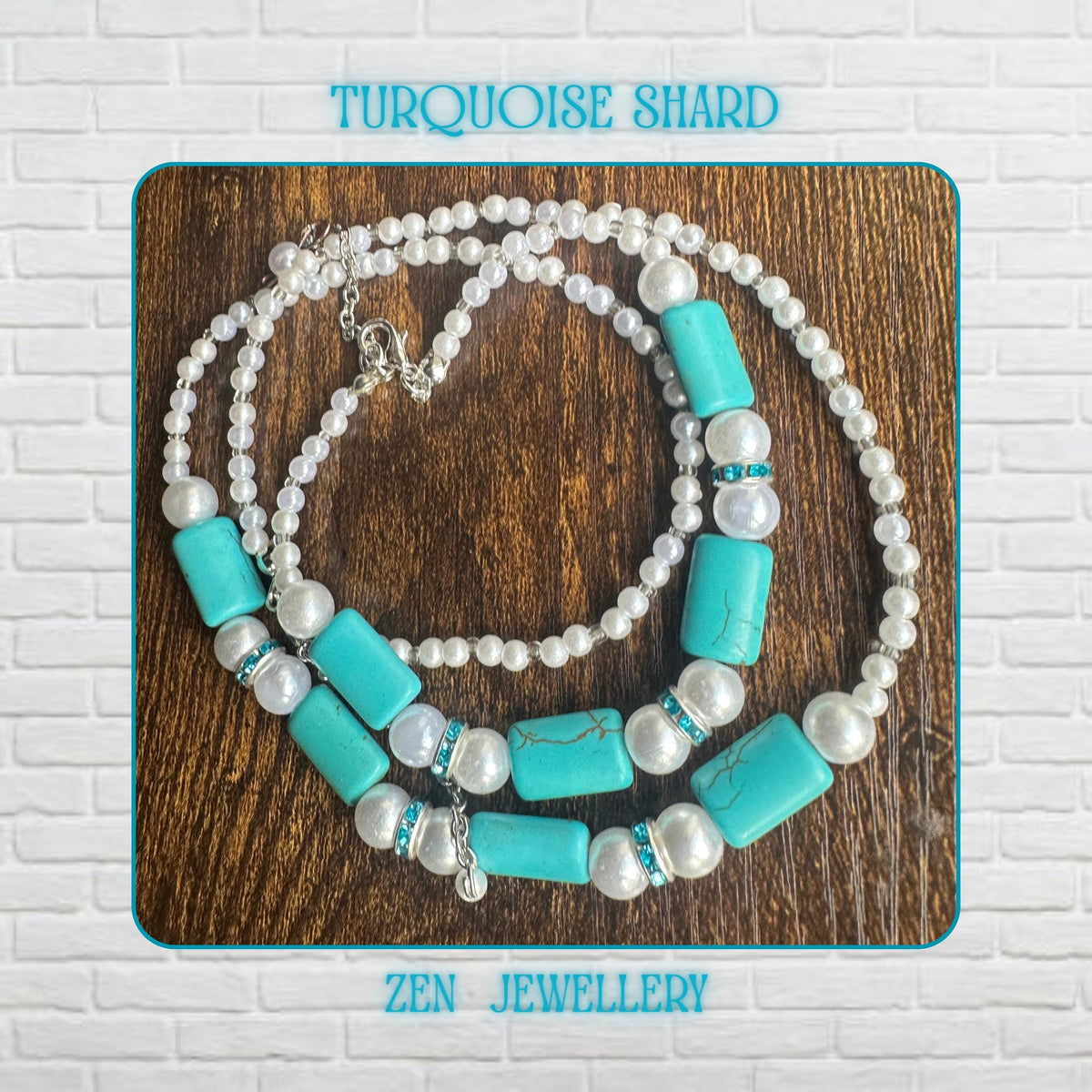 Handmade turquoise jewellery set featuring rectangular turquoise beads with white pearls and Miyuki seed beads in a boho style displayed on a wooden surface