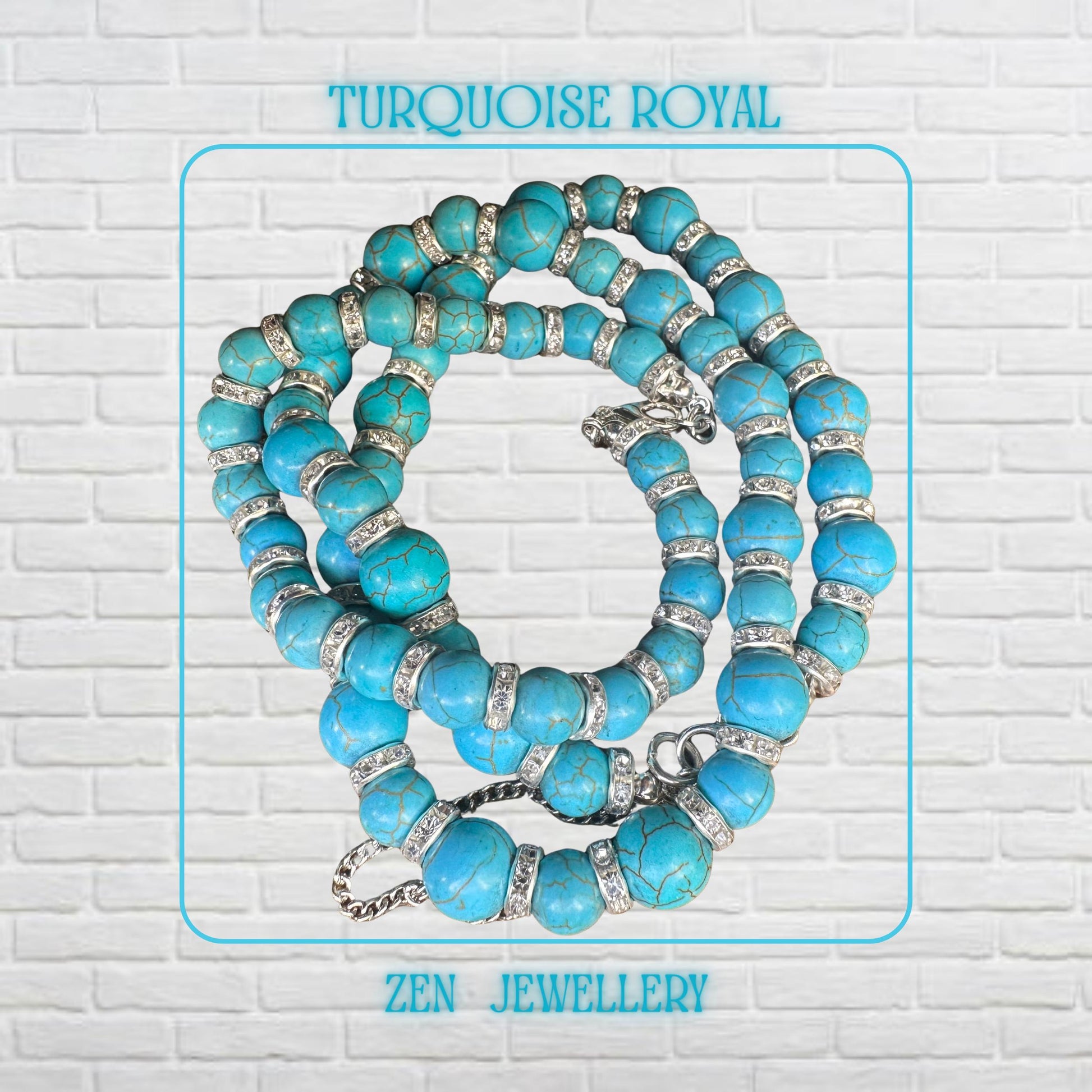 A detailed overhead image of the TURQUOISE rhinestone necklace and bracelet set showing polished turquoise beads separated by silver rhinestone spacers that softly reflect light. The handcrafted jewellery arrangement highlights the symmetry of the matching pieces, while the sterling silver lobster clasps and extension chains add premium finishing details.