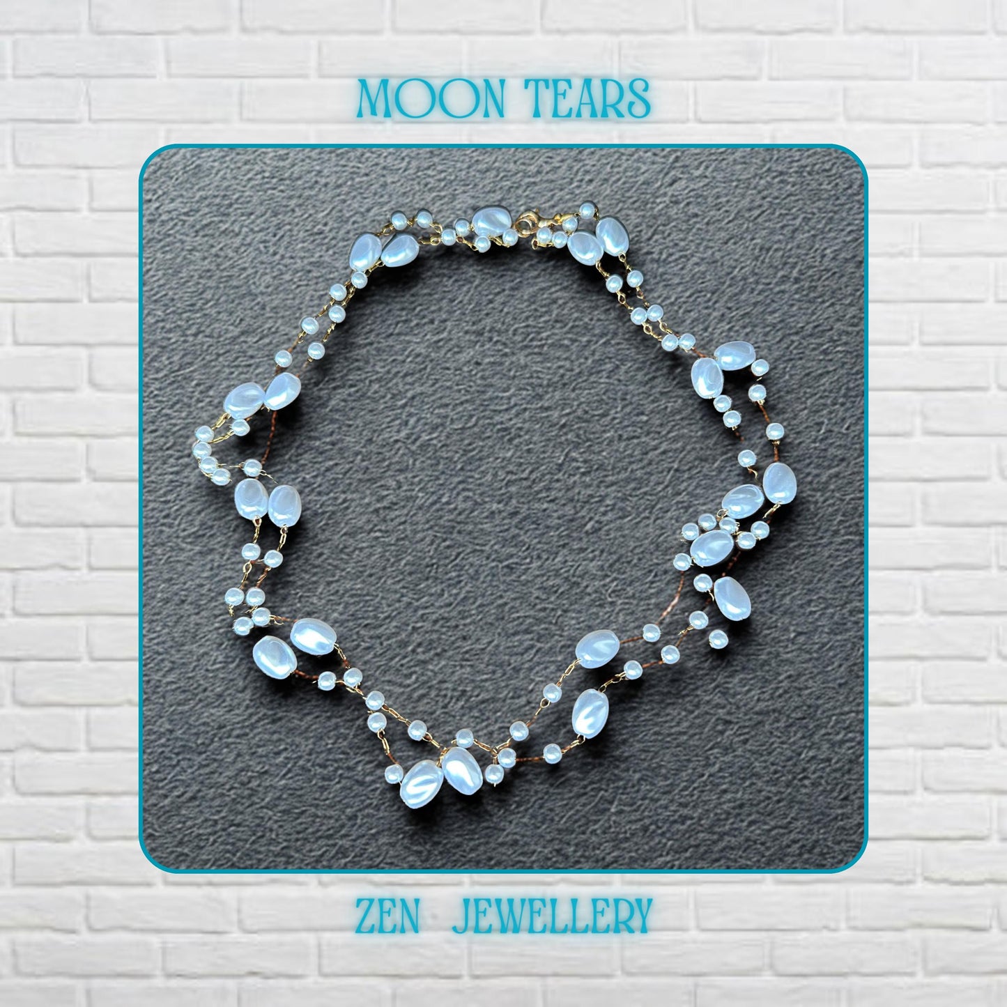 The elegant white bead necklace is displayed flat to show the flowing arrangement of oval beads, small pearl-style beads, and fine gold chain connections. The glossy white beads reflect light softly and create a feminine and romantic appearance. The lightweight handmade design feels delicate yet eye-catching with a timeless pearl-inspired aesthetic.