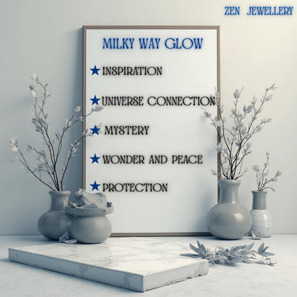 Framed white sign with the text "MILKY WAY GLOW" and bullet points listing "INSPIRATION", "UNIVERSE CONNECTION", "MYSTERY", "WONDER AND PEACE", and "PROTECTION". Vases with white branches flank the sign, which rests on a marble platform.