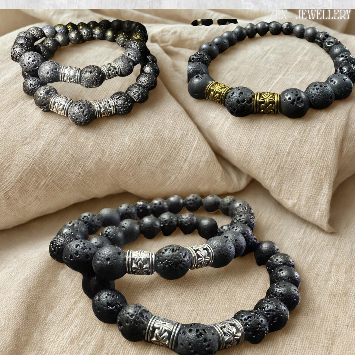Minimalist black lava stone jewellery set photographed on a textured beige background to emphasise the deep black volcanic beads and polished silver spacer details. The bracelet features natural porous stones with organic matte surfaces and a handcrafted arrangement. The combination of volcanic texture and silver accents creates a stylish balance between earthy simplicity and refined elegance.