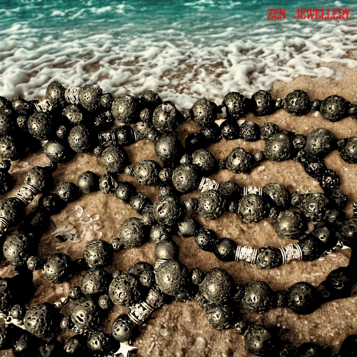 Handmade black volcanic stone jewellery set styled together to highlight the natural porous lava texture and silver artisan craftsmanship. The dark matte beads create a grounding and calming aesthetic inspired by volcanic stone formation. Silver spacers and closure details add refinement and modern contrast to the organic handmade design. The necklace and bracelet set is ideal for layering or wearing as a bold statement piece.