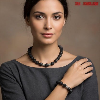Lava stone jewelry gift set for women with adjustable necklace displayed on model