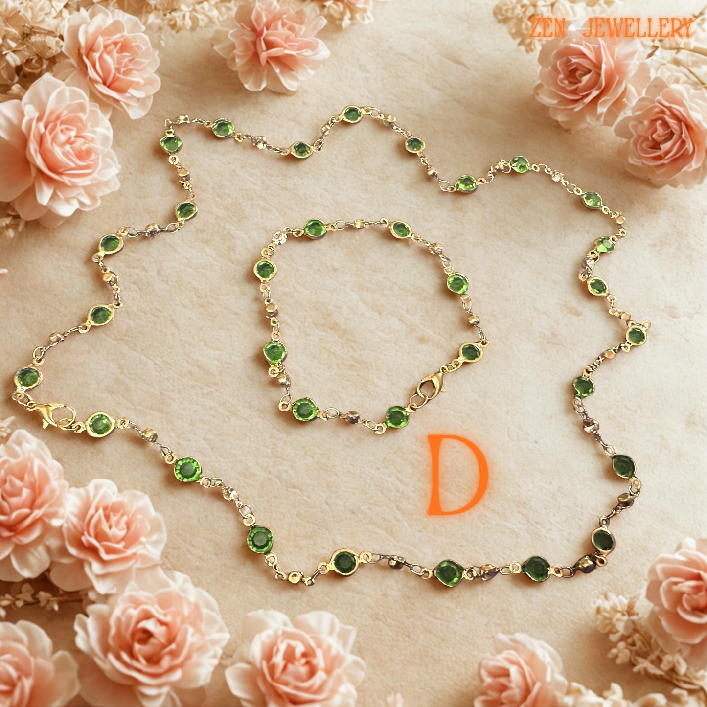 Green Austrian crystal necklace and bracelet duo featuring polished beads and golden accents, ideal for healing jewellery lovers.