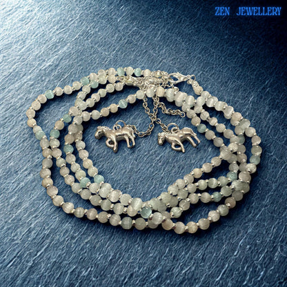 Photograph emphasising the sparkle and texture of the faceted white crystal beads. Light reflects across the bead surfaces, creating subtle brilliance without overwhelming the minimalist design. The neutral colour palette makes this jewellery suitable for casual outfits, weddings, bridesmaid styling and equestrian fashion accessories.
