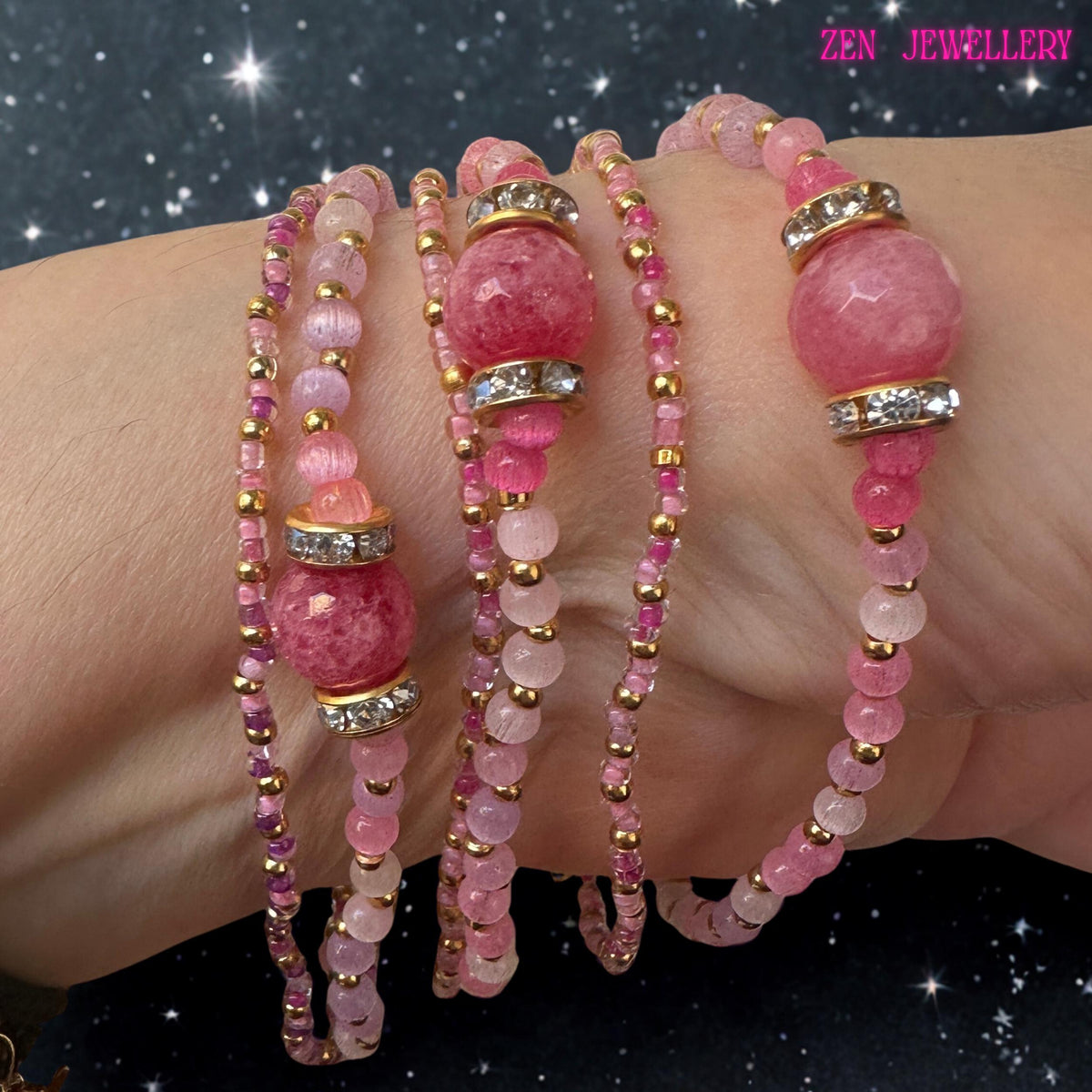This close perspective emphasises the craftsmanship of the beadwork and the careful placement of each crystal element. Small seed beads create decorative strands that complement the larger quartz beads positioned throughout the bracelet. Rhinestone spacer rings surrounding the focal bead provide additional brilliance and elevate the overall appearance. The adjustable closure allows the bracelet to fit comfortably on a range of wrist sizes.