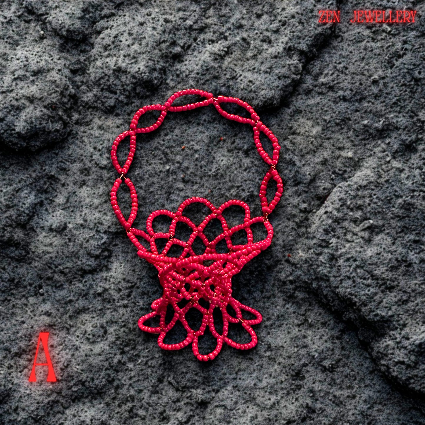 A close-up view of the red Miyuki glass beads highlights the intricate beadwork and glossy finish of the basket.