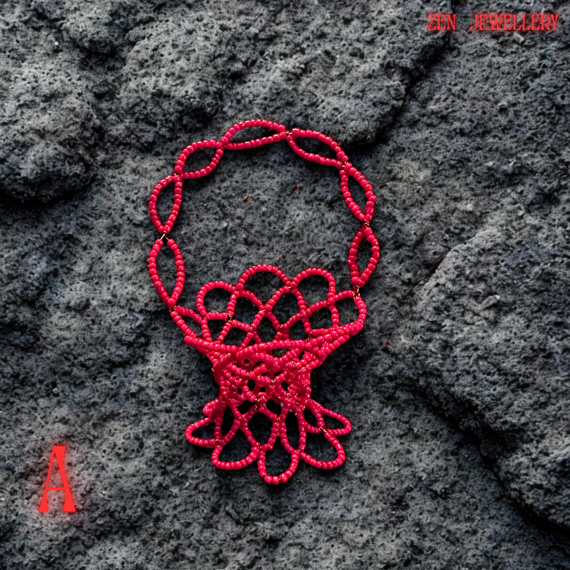 A close-up view of the red Miyuki glass beads highlights the intricate beadwork and glossy finish of the basket.