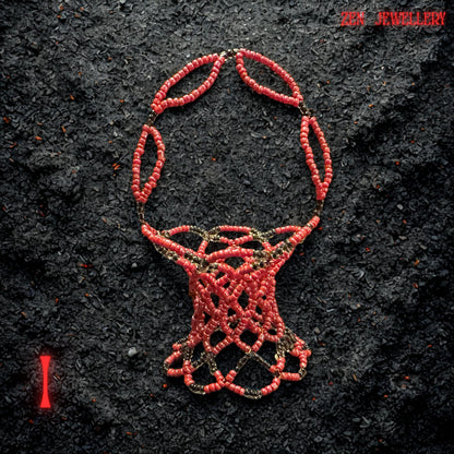 This picture shows the basket’s red beaded design in natural light, emphasising the clarity and quality of the Miyuki beads.