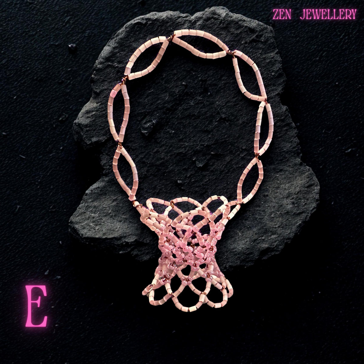 Detail shot of the pink Miyuki seed beads forming the structured decorative basket.