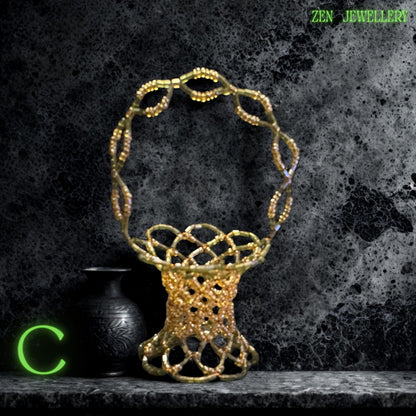 Handcrafted green beadwork basket displayed as a stylish home décor accent